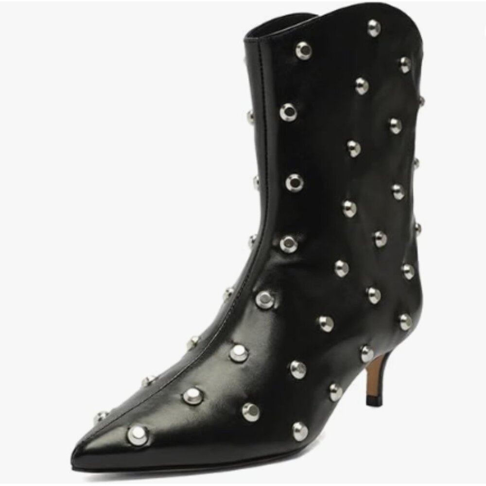 FSJ Black Leather Studded Pointed Toe Kitten Heel Ankle Boots
